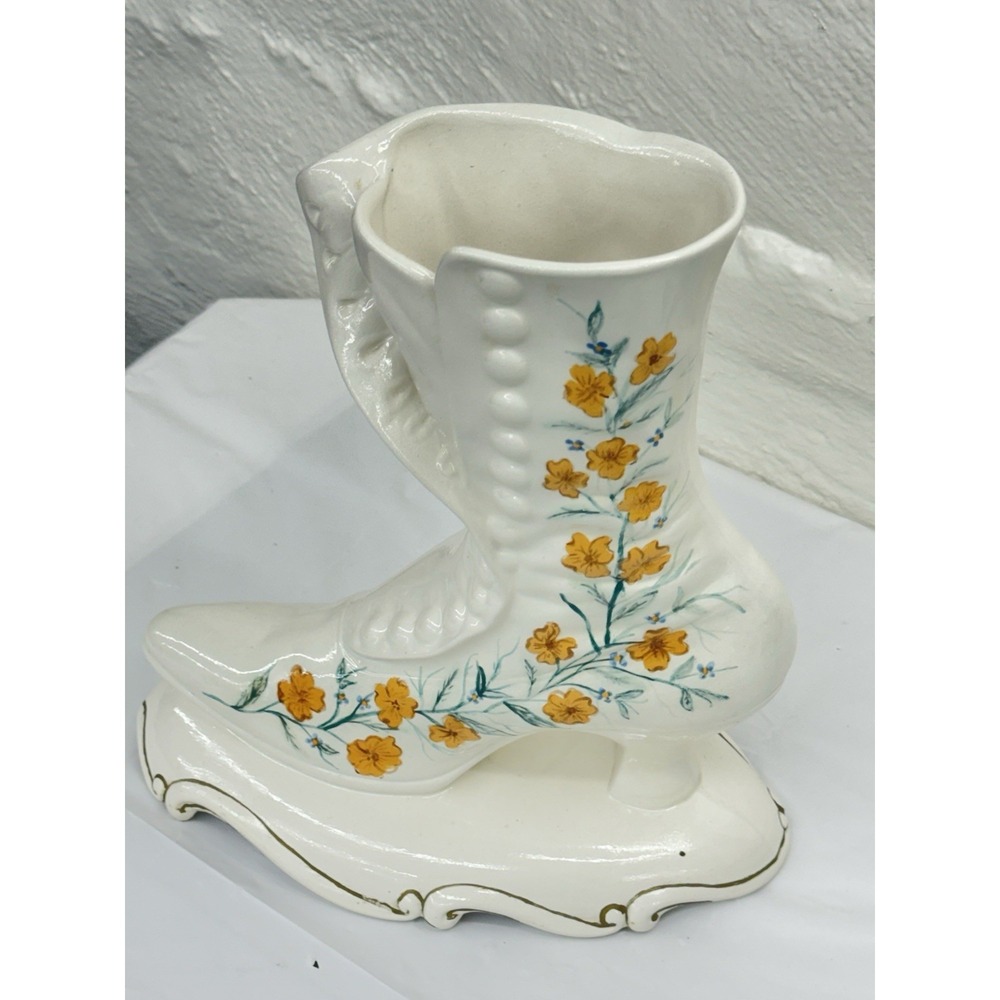 Vintage Ceramic Victorian Style Boot Figurine  Hand painted  Signed cottage Core